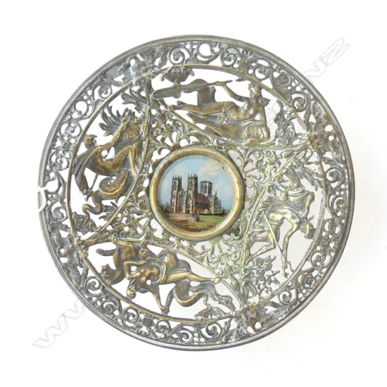 VICTORIAN BRONZE & HAND PAINTED YORK MINSTER  COMPORT, DIA.220mm