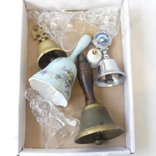 EIGHT GLASS, METAL & CHINA  BELLS, TALLEST H.150mm