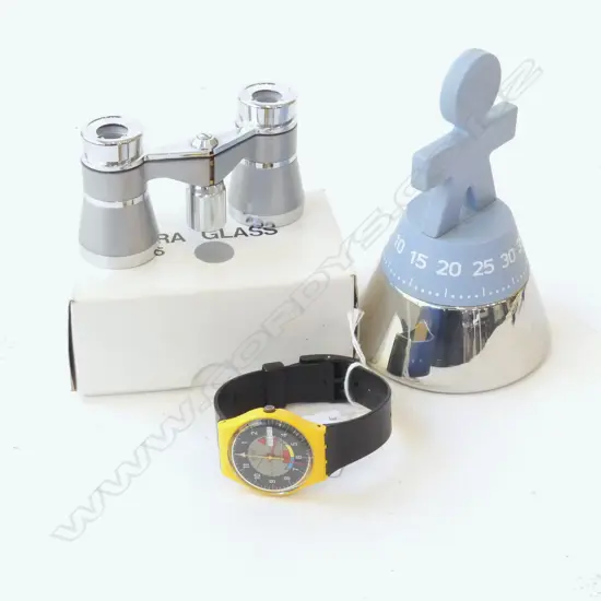PR OPERA GLASSES, BOXED, ALESSI KITCHEN TIMER MAN, SWATCH WATCH