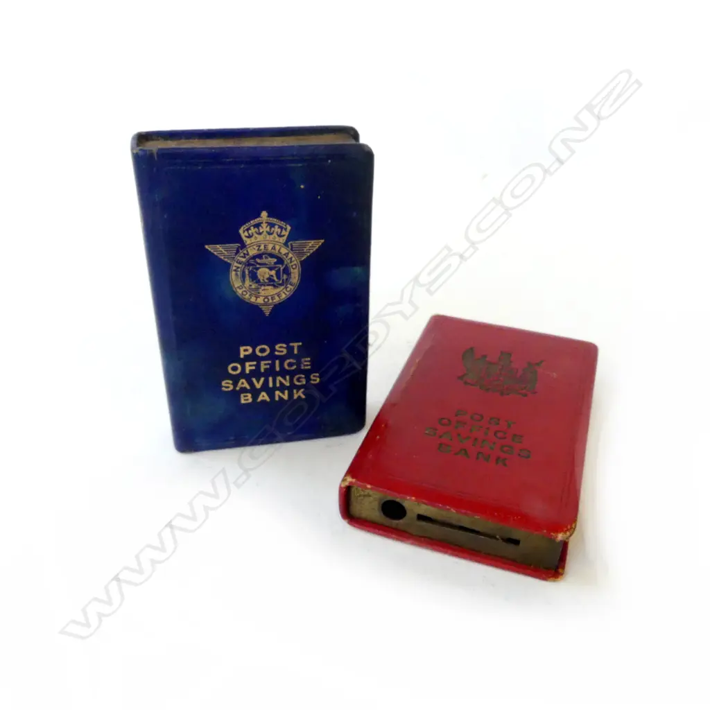 TWO NZ POST OFFICE SAVINGS BANK MONEY BOXES RED & BLUE, L.118MM Image 1++