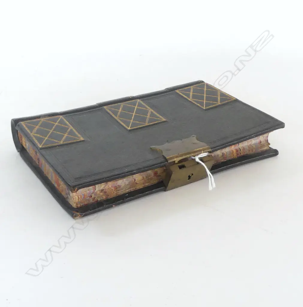 LATE 19thC FANCY GILT TOOLED LEATHER 'LEDGER' BOOK w quality brass lock. No key. Entries .... Image 1++