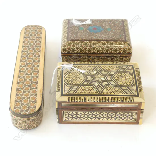 THREE EASTERN INLAID BOXES, ONE WITH KEY, 120mm