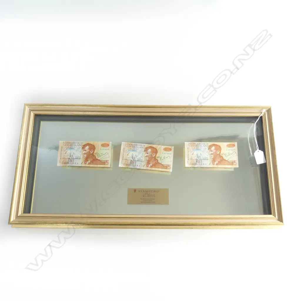 3 NZ $5 BANKNOTES SIGNED BY ED. HILARY gilt framed w mirror background Image 1++