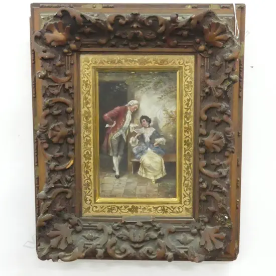 E. REINHOLD, COURTING SCENE, OIL ON BOARD 200x120mm frame w. losses