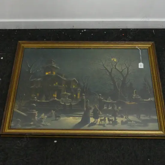 LG VICTORIAN PRINT, SNOWY NIGHT SCENE, 495x680mm