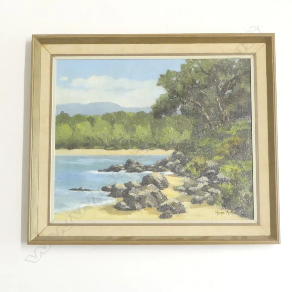 MARGE MARTIN OIL PAINTING 'MOUNT HARBOUR ENTRANCE' signed. Entitled verso. 360 x 440mm Image 1++