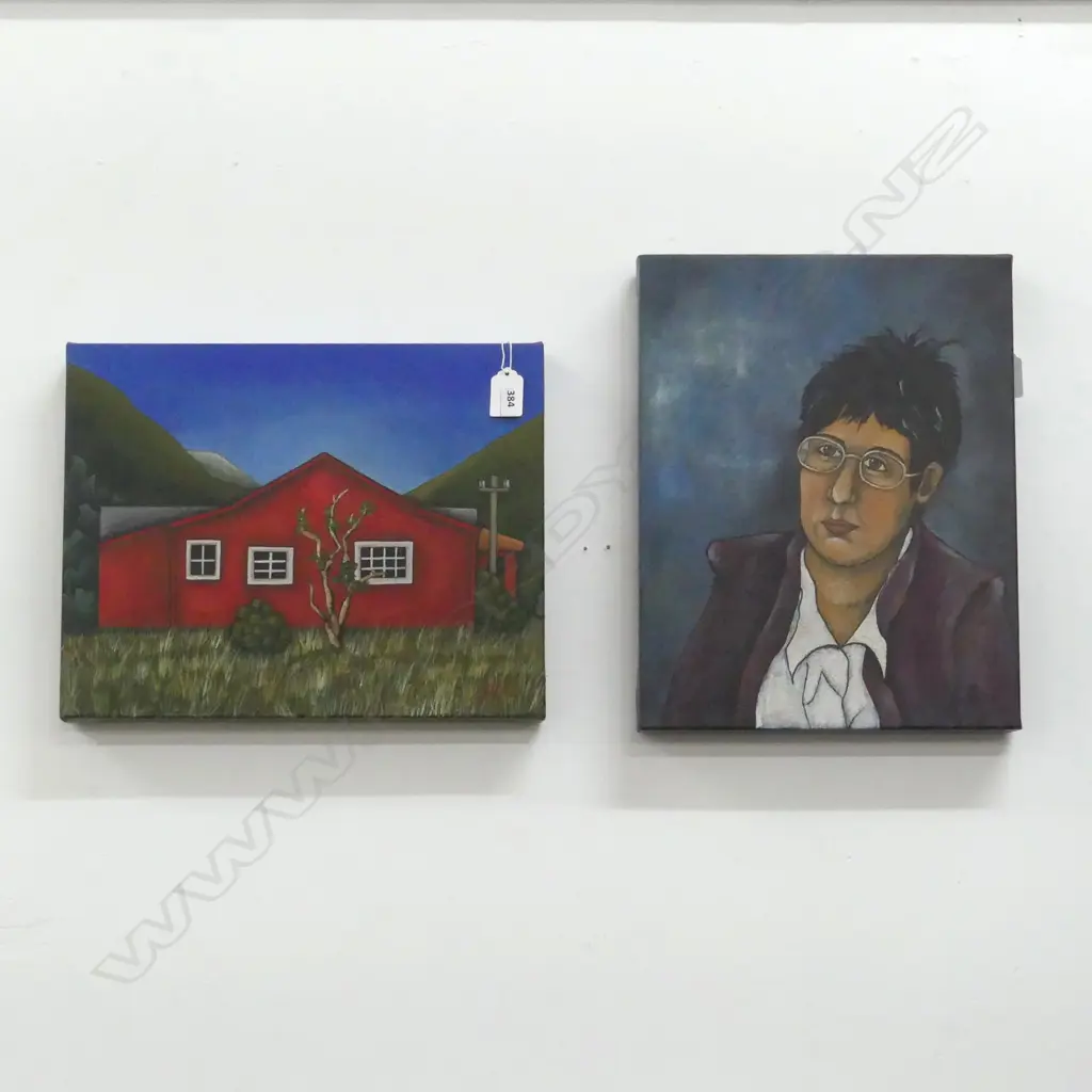 2 ROSEANNA M. WOHNSIEDLER ARTWORKS; 'HEATHER' & 'RED COTTAGE ARTHURS PASS' ACRYLIC ON CANVAS 2002 275x350mm  Image 1++