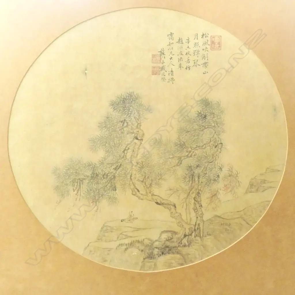 FINE OLD CHINESE INK & W/C ON SILK, meditating figure below fir tree,  Dia.240mm Image 1++