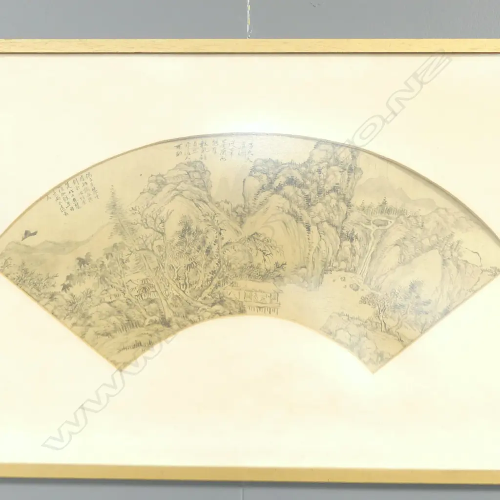 OLD CHINESE FINE INK FAN framed EXTENSIVE MOUNTAINOUS LANDSCAPE w calligraphy L.500mm.  Image 1++