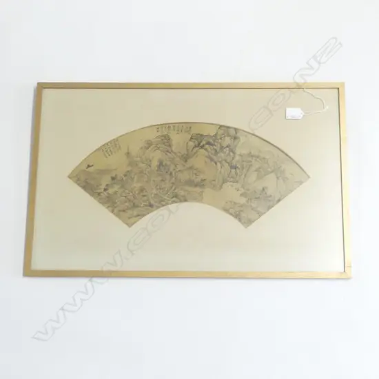 OLD CHINESE FINE INK FAN framed EXTENSIVE MOUNTAINOUS LANDSCAPE w calligraphy L.500mm. 