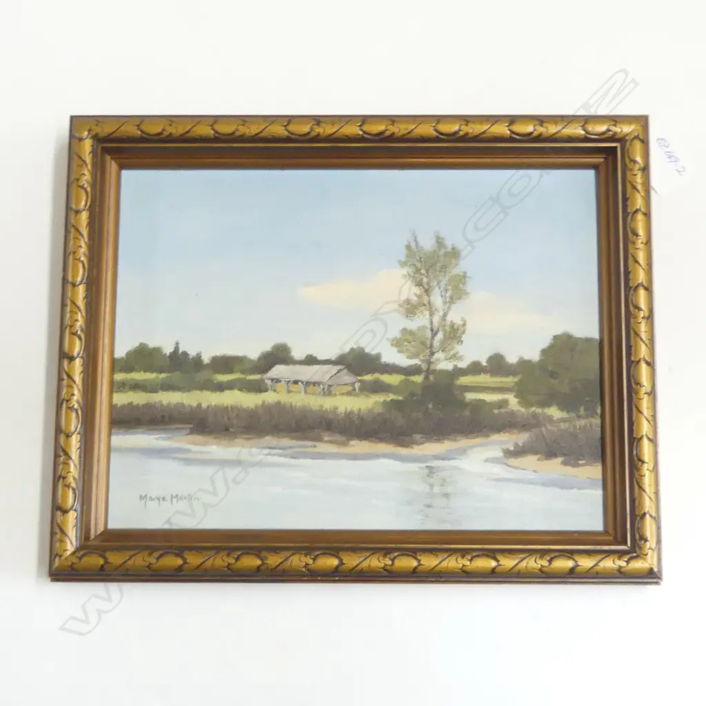 MARGE MARTIN OIL PAINTING HAYBARN & ESTUARY 220 X 290mm Image 1++
