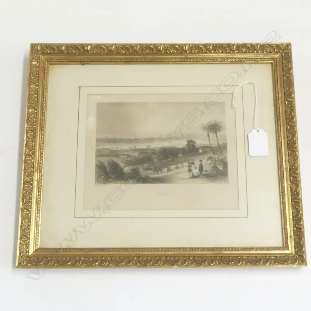 19thC AQUATINT ENGRAVING 'SINGAPORE' w British forces gilt framed 290 x 340mm Image 1++