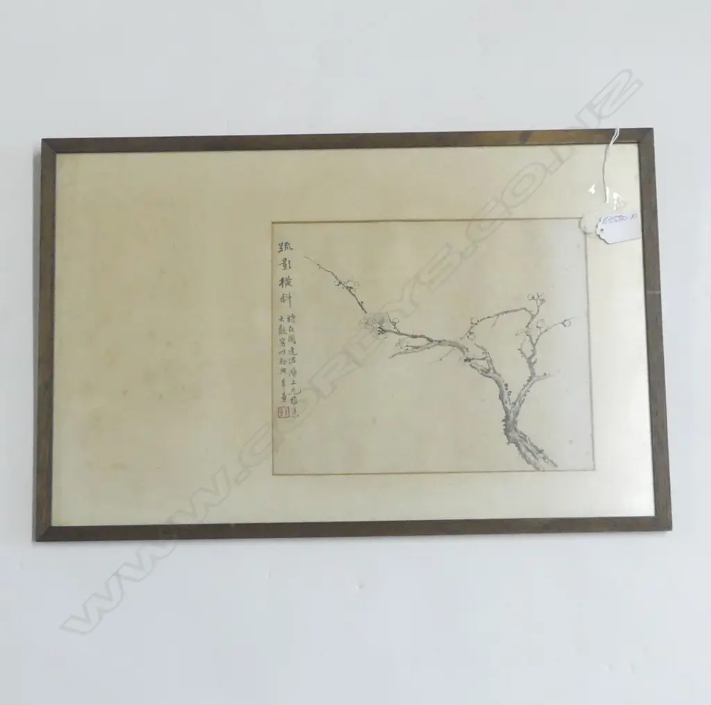 OLD CHINESE FINE INK PAINTING BLOSSOM BRANCH with calligraphy & red seal 205 x 260mm framed Image 1++