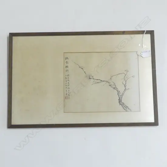 OLD CHINESE FINE INK PAINTING BLOSSOM BRANCH with calligraphy & red seal 205 x 260mm framed