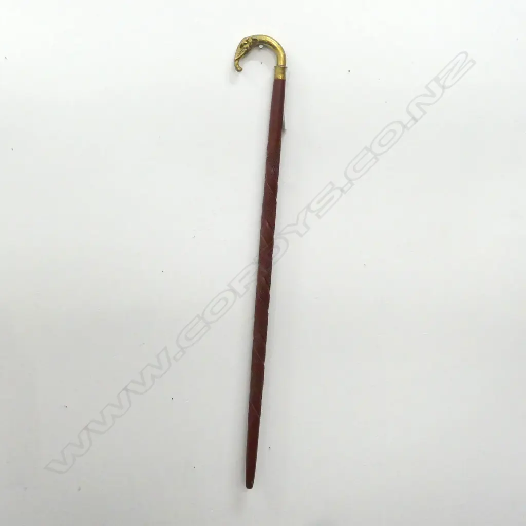 PAINTED CARVED WOODEN WALKING STICK w. BRASS ELEPHANT HEAD HANDLE L.920mm Image 1++