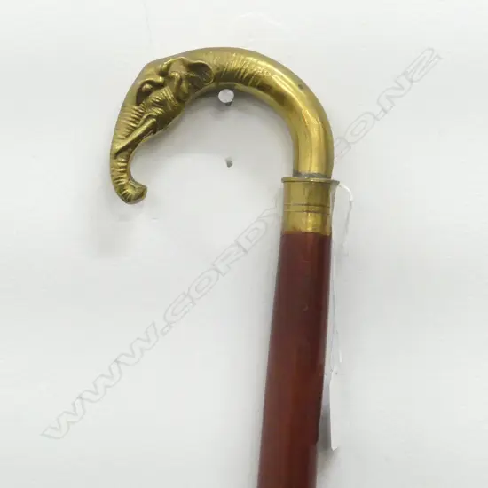 PAINTED CARVED WOODEN WALKING STICK w. BRASS ELEPHANT HEAD HANDLE L.920mm