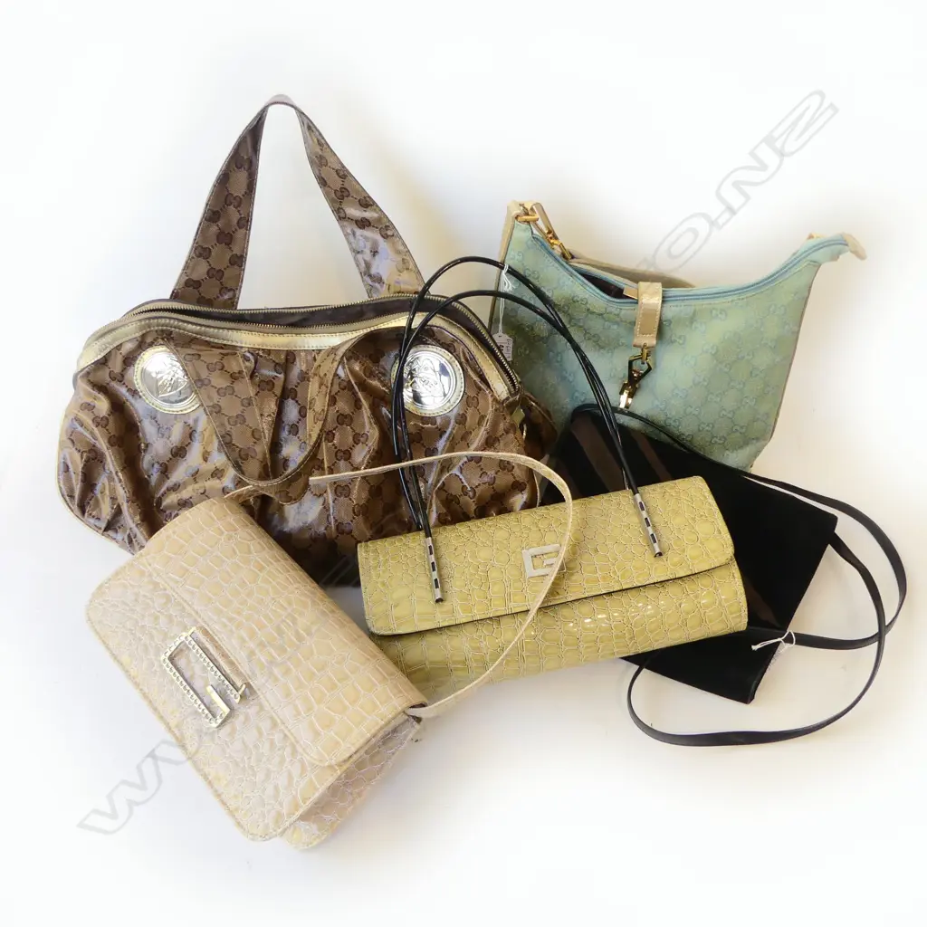 5 DESIGNER STYLE HANDBAGS; 4x FAKE GUCCI (2 WORN) + BALLY BAG Image 1++