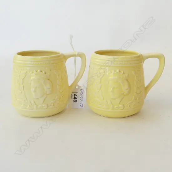 PR YELLOW CROWN LYNN MUGS COMMEMORATING the CORONATION of QUEEN ELIZABETH II 1953