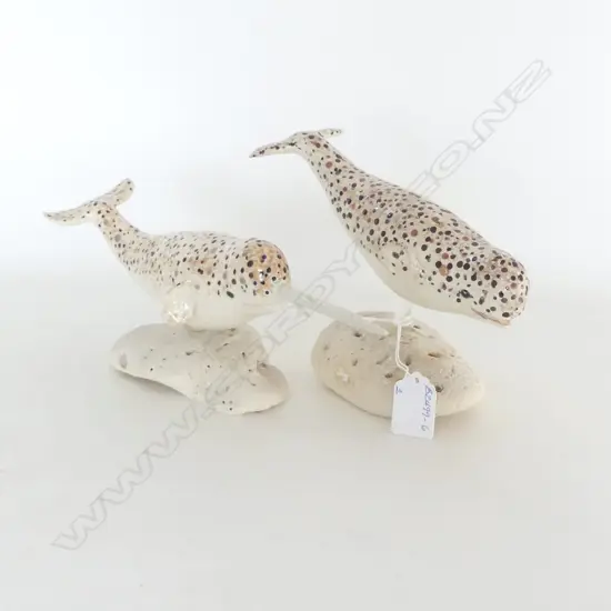 2 NARWHAL DOLPHIN SCULPTURES MOUNTED ON VOLCANIC STONE BASE, HANDCRAFTED HAWAII. H.150mm