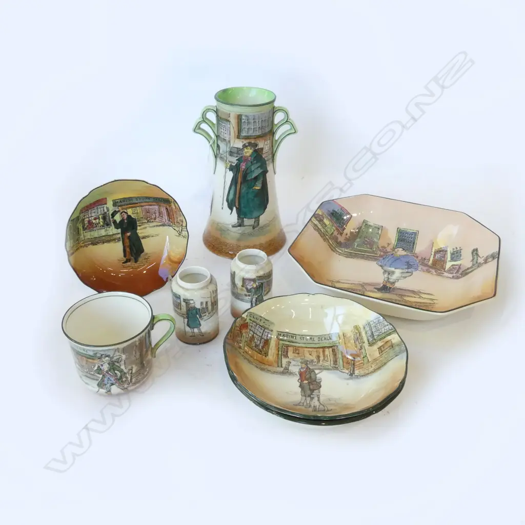 7 PCES ROYAL DOULTON DICKENS; WELLER VASE H.190mm, 2 BOWLS, C/S, FAT BOY DISH 220mm dia  Image 1++