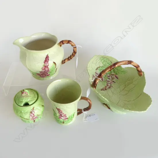 4PC GREEN HOLLYHOCK PAT CARLTONWARE CHINA BASKET DISH L250MM JUG H120MM MUG & LIDDED HONEY POT