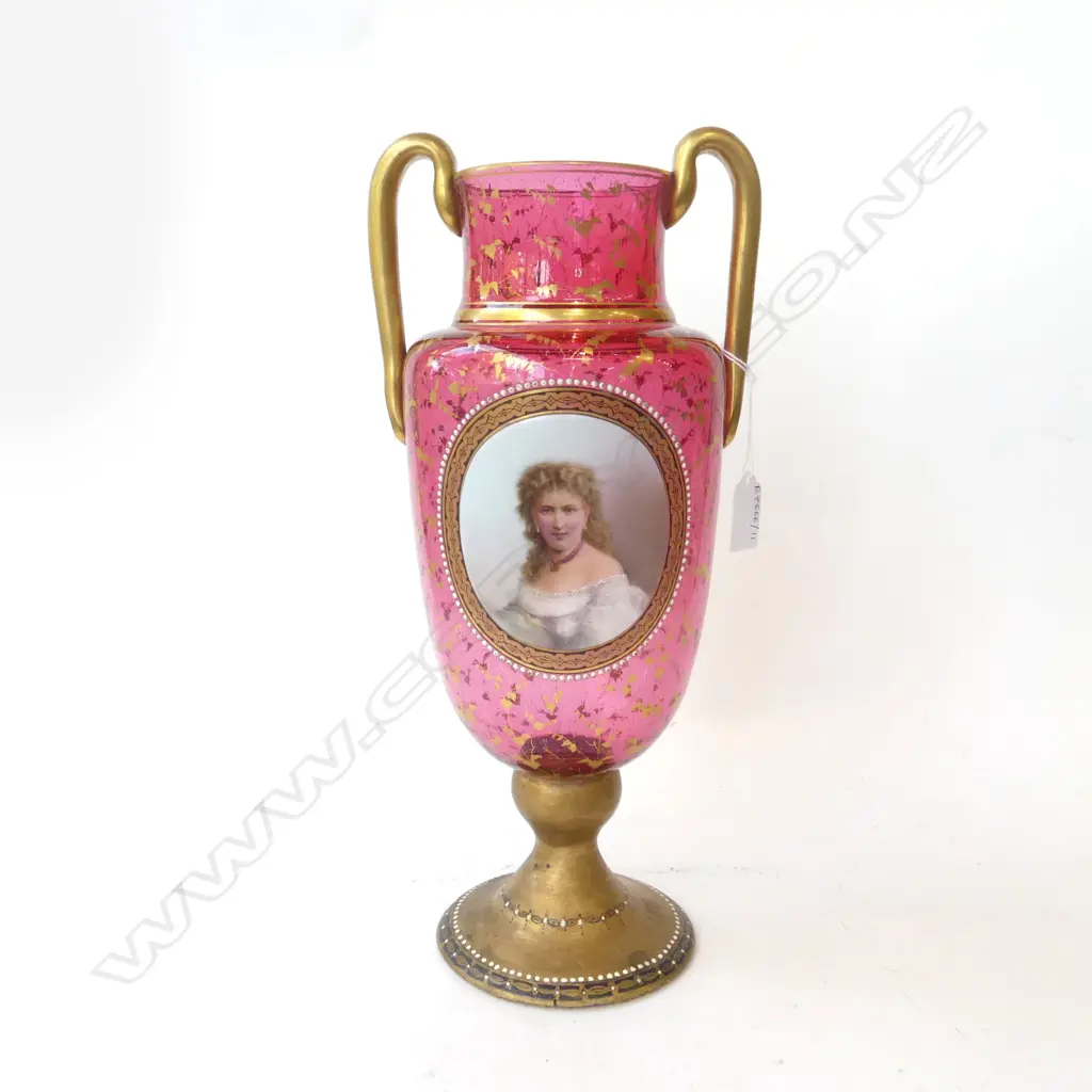 LG LATE 19thC GILDED CRANBERRY GLASS VASE w. PORTRAIT H.380mm Image 1++