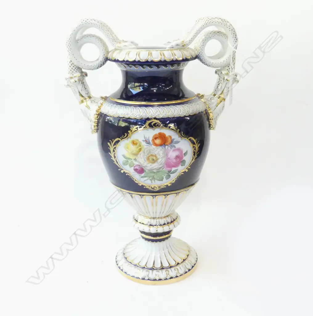 LG ORNATE MEISSEN VASE w. DOUBLE SERPENT HANDLES H.390mm chips to base Image 1++