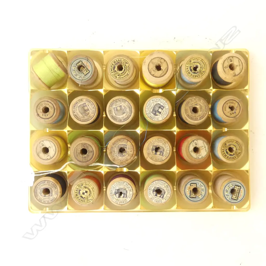 24 PURE SILK THREAD ON WOOD SPOOLS ‘ELEPHANT’ ROD BINDING AND MACHINE SILK 50 YARDS ETC ASST.COLOURS Image 1++