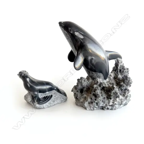 TWO BLACK CAST MARBLE STATUES, LG WHALE,  H.210mm & SM SEAL, H.100mm L.120mm
