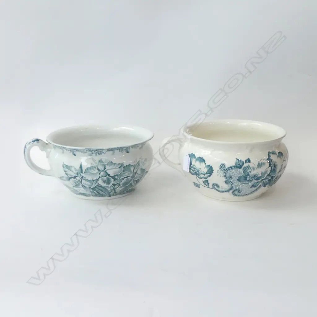 TWO VICTORIAN FLORAL CHAMBER POTS WEDGWOOD ‘CATTLEYAE’ AND F & SONS RIPON BURSLEM, D.220MM Image 1++