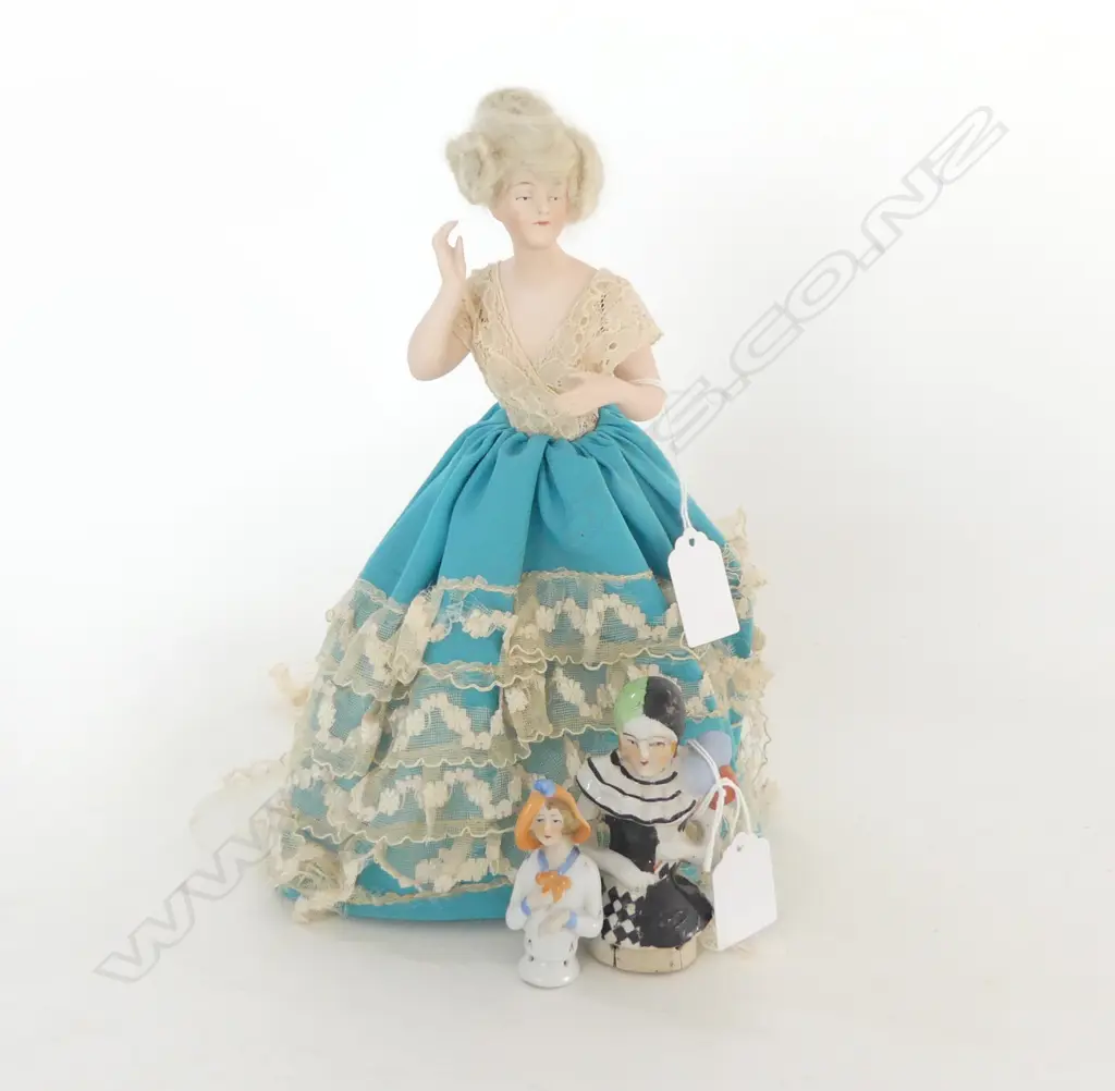 VINTAGE PORCELAIN HALF DOLL W BLUE SKIRT + 2 OTHER PIN CUSHION/TEA COSY: 1 Art Deco HARLEQUINE TYPE  Image 1++