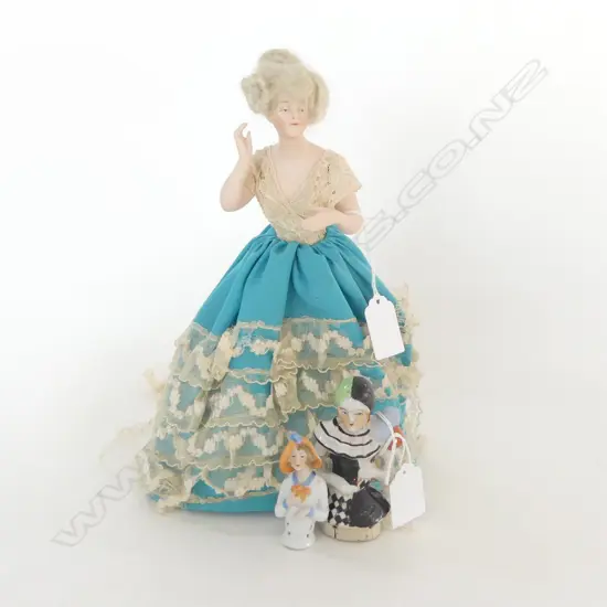VINTAGE PORCELAIN HALF DOLL W BLUE SKIRT + 2 OTHER PIN CUSHION/TEA COSY: 1 Art Deco HARLEQUINE TYPE 