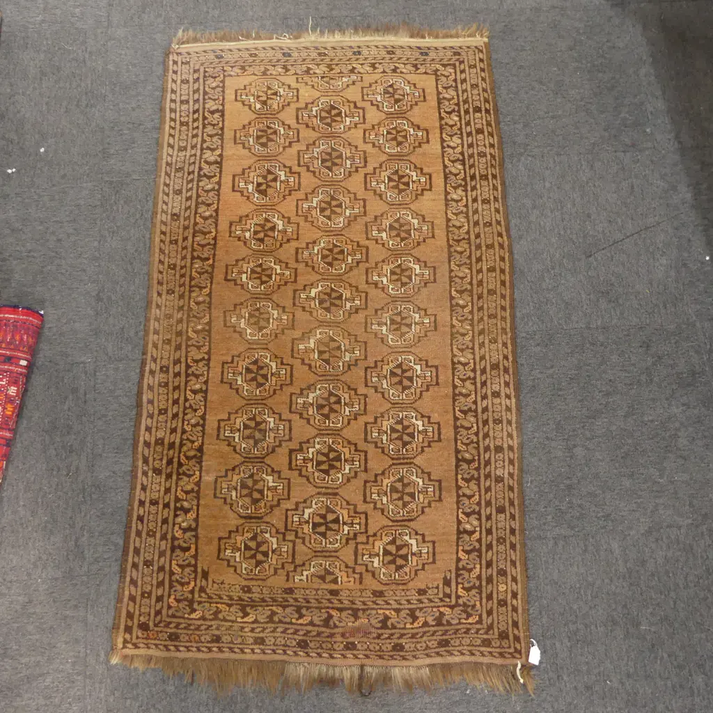 SEMI ANTIQUE BALUCHI ALL WOOL RUG mid brown tones 3 rows of guls 1620 x 910mm Image 1++