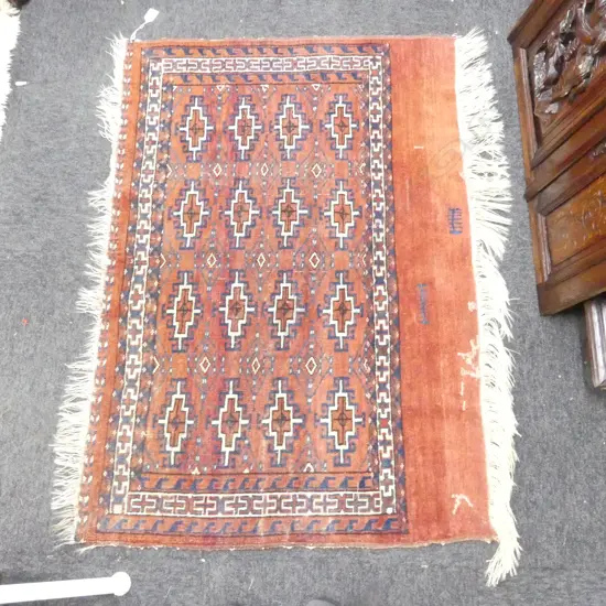 (04) OLD AFGHAN BALUCHI SMALL RUG all wool 4 x 4 rows of guls 1100 x 760mm unusual motifs to the Selvidge 