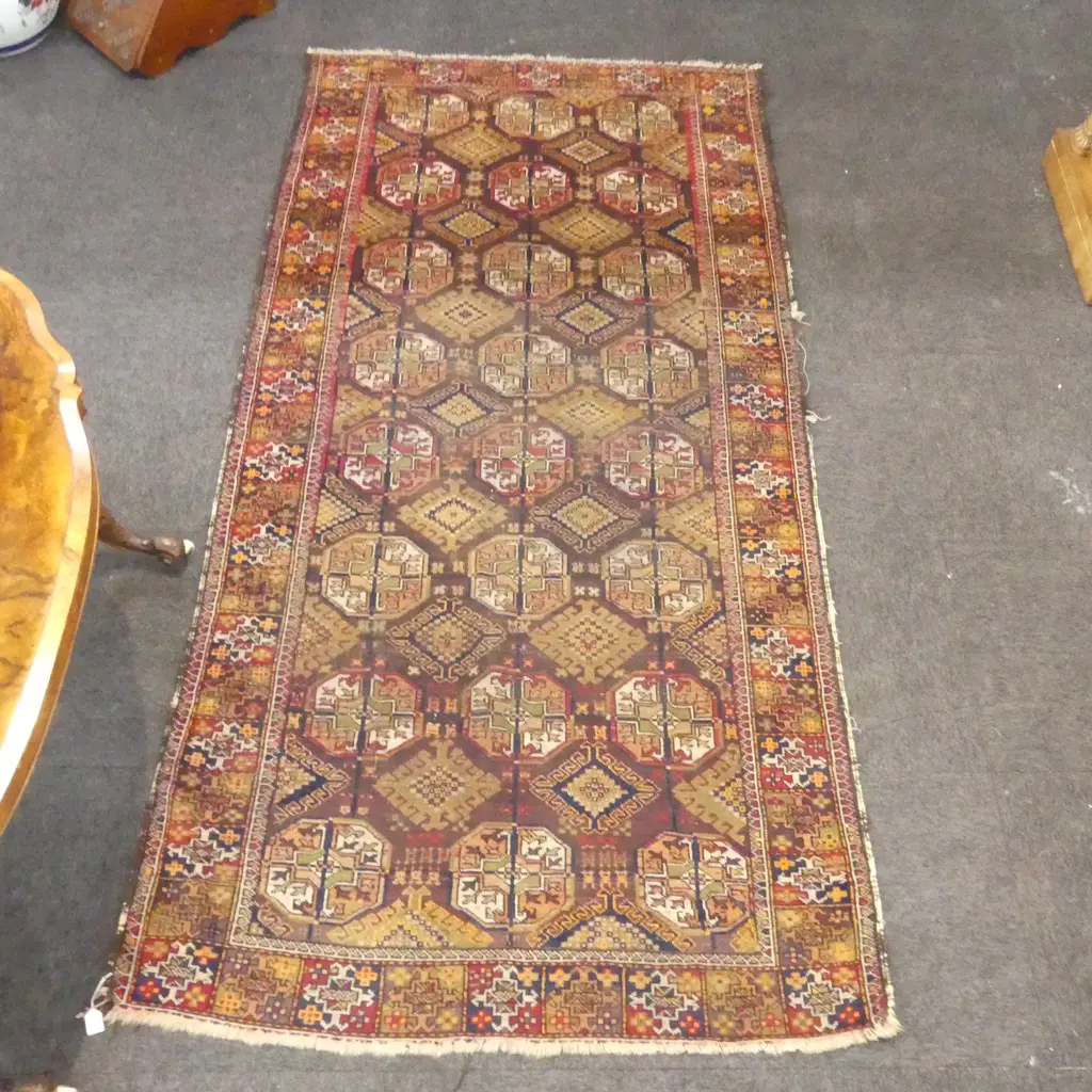 semi antique HAND KNOTTED ALL WOOL RUG 2450x1280mm some faults to edge Image 1++