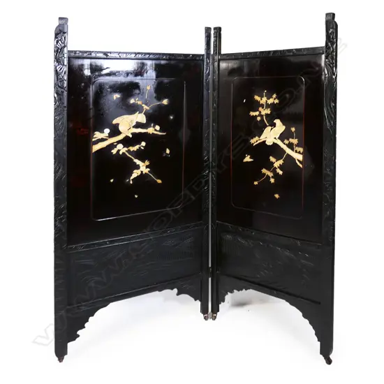 ORIENTAL 2 PANEL LACQUERED SCREEN w. BONE DECORATION H.1650mm (faulted)