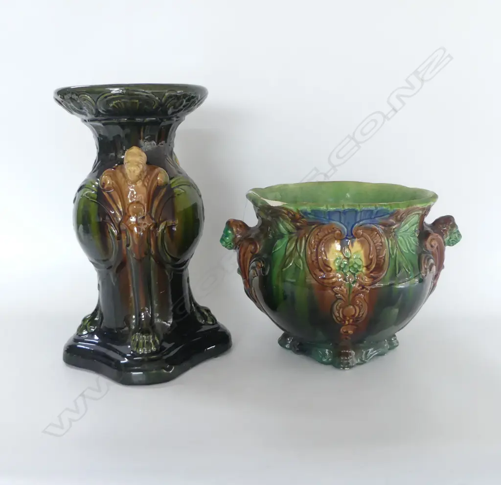 EARLY 20thC ROSEVILLE MAJOLICA ART NOUVEAU JARDINERE ON STAND H.695mm (RIM CHIPPED) Image 1++