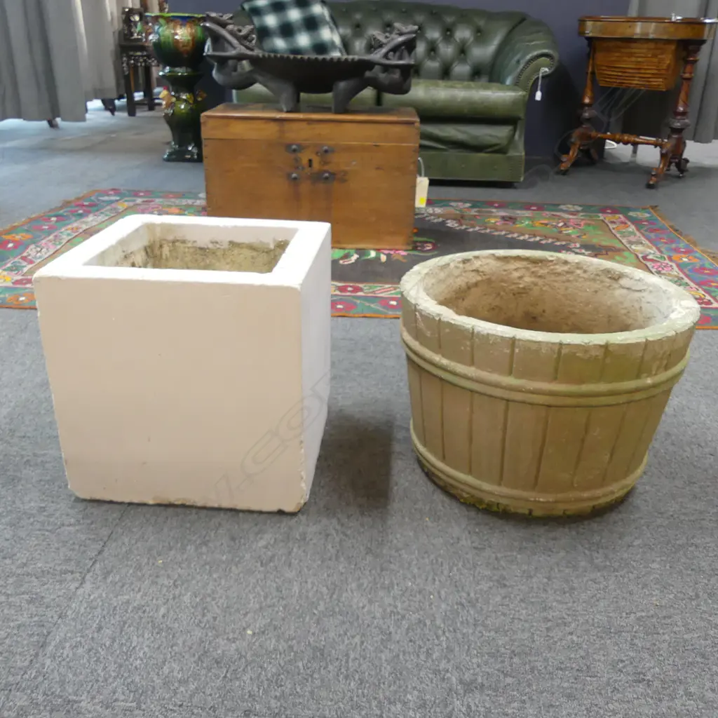 2 CONCRETE GARDEN PLANTERS; BARREL 430mm dia & CUBE POT H.350mm Image 1++
