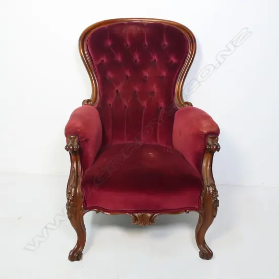VICTORIAN STYLE MAHOGANY FRAMED GRANDFATHER ARM CHAIR SHOWING WEAR