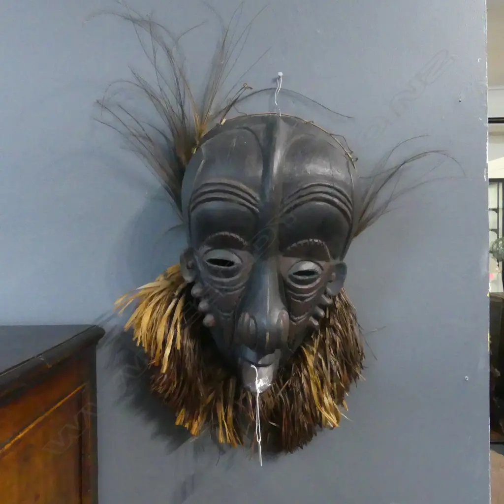 PNG CARVED WOODEN TRIBAL MASK w. BIRD OF PARADISE FEATHERS 700x380mm Image 1++