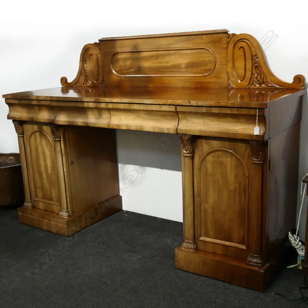 REGENCY MAHOGANY TWIN-PEDESTAL SIDEBOARD, PANELLED STAND BACK & OGEE FRIEZE DRAWERS, SOME FADING, 1820 x 560 x 1250mm Image 1++