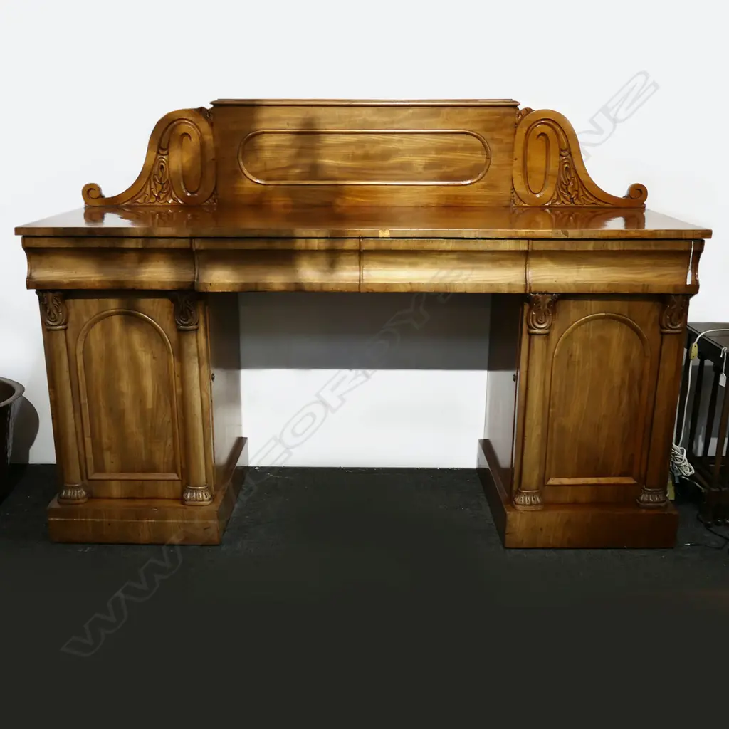REGENCY MAHOGANY TWIN-PEDESTAL SIDEBOARD, PANELLED STAND BACK & OGEE FRIEZE DRAWERS, SOME FADING, 1820 x 560 x 1250mm Image 1++