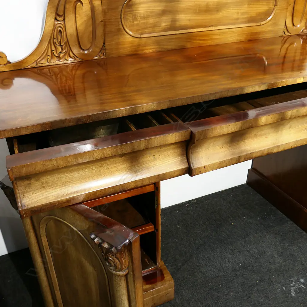 REGENCY MAHOGANY TWIN-PEDESTAL SIDEBOARD, PANELLED STAND BACK & OGEE FRIEZE DRAWERS, SOME FADING, 1820 x 560 x 1250mm Image 1++