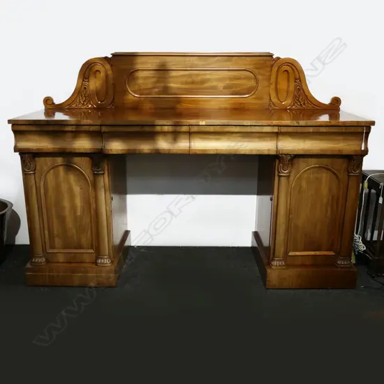 REGENCY MAHOGANY TWIN-PEDESTAL SIDEBOARD, PANELLED STAND BACK & OGEE FRIEZE DRAWERS, SOME FADING, 1820 x 560 x 1250mm