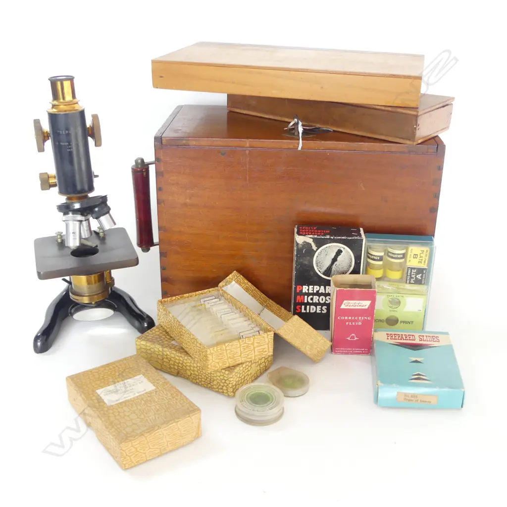CASED VINTAGE MICROSCOPE; W. WATSON & SONS H.345mm + ASST. SLIDES ETC Image 1++