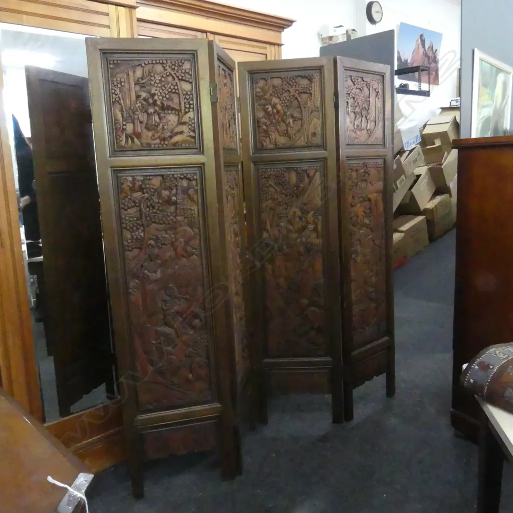 CHINESE CARVED WOODEN 4 PANEL SCREEN, 1760x430mm Image 1++