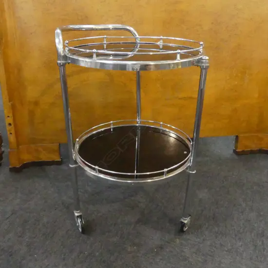 DECO CHROME & BLACK GLASS CIRCULAR TROLLEY TABLE H.735mm, 450mm dia