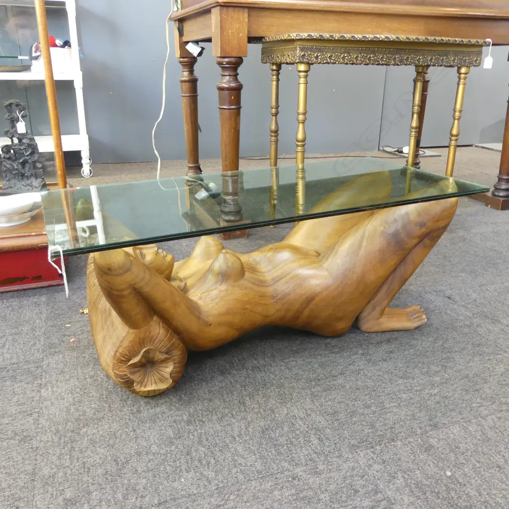 COFFEE TABLE; CARVED WOODEN NUDE BASE, GLASS TOP 450x900x340mm Image 1++