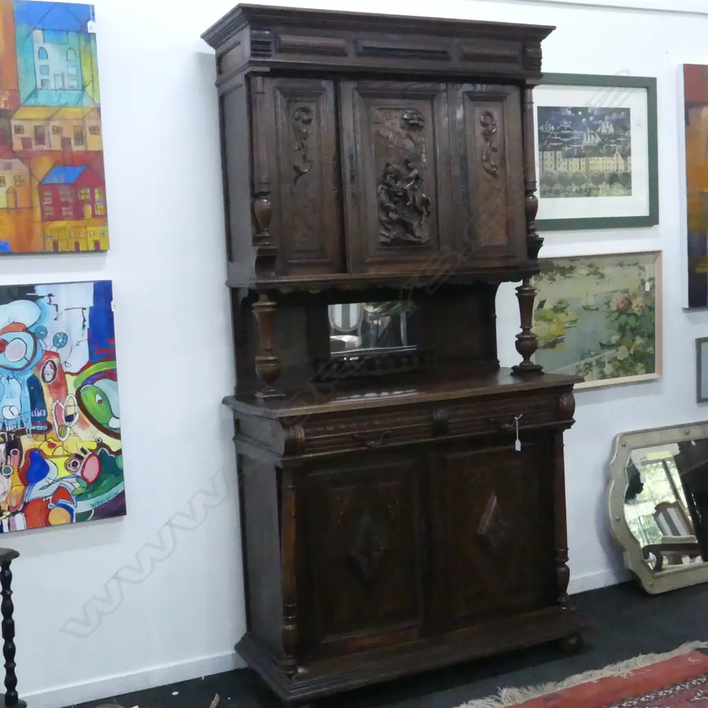 EARLY 20thC JACOBEAN STYLE OAK 2 PART SIDEBOARD 1170x490x2165mm Image 1++