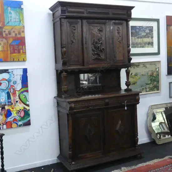 EARLY 20thC JACOBEAN STYLE OAK 2 PART SIDEBOARD 1170x490x2165mm